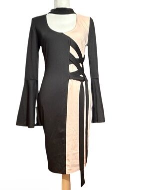 Venus‎ Black/Blush Cutout Tie-Waist Lace-Up Bell Sleeve Bodycon Dress, XS NWOT